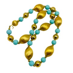 Vintage gold glass faux turquoise beaded necklace