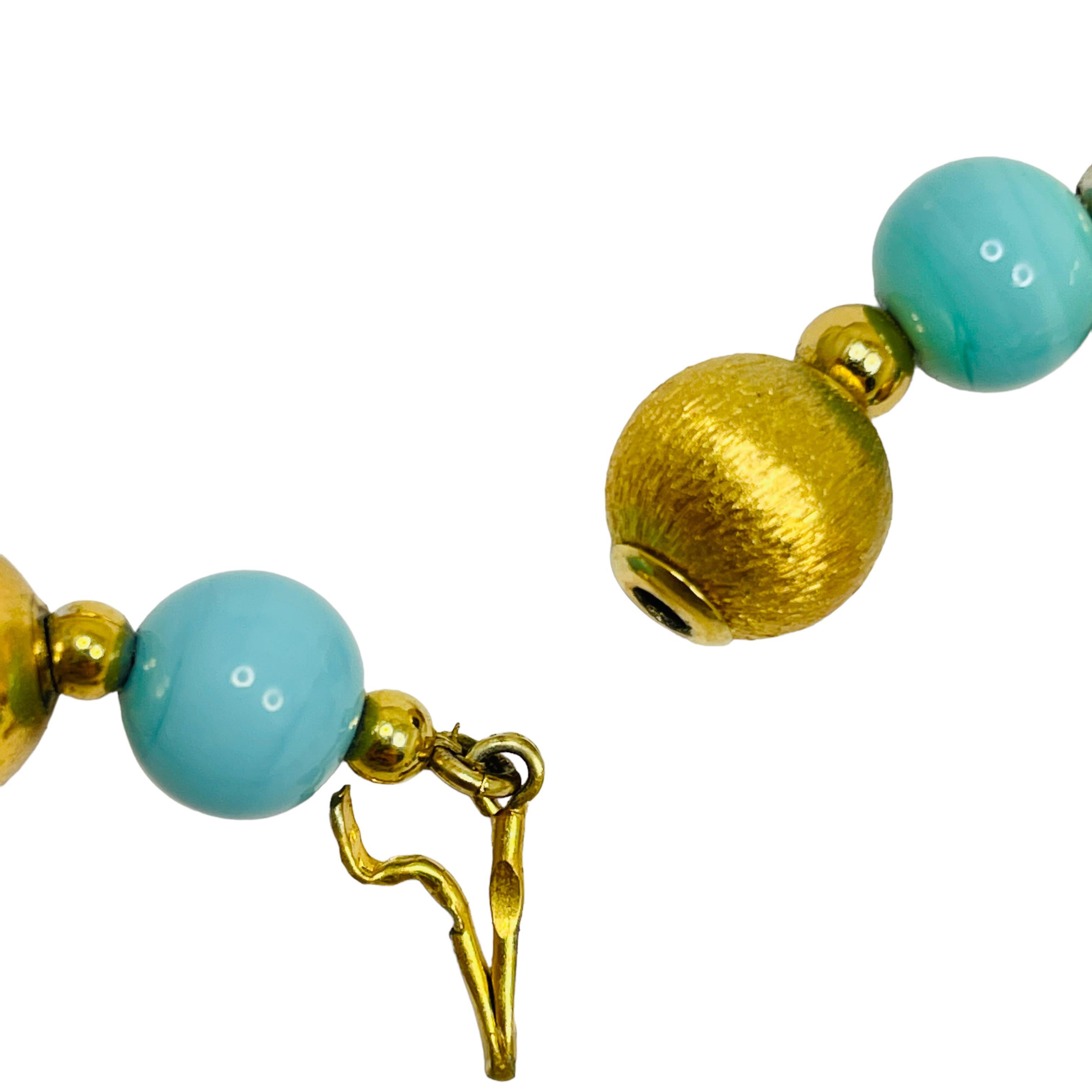 Vintage gold glass faux turquoise beaded necklace In Good Condition For Sale In Palos Hills, IL
