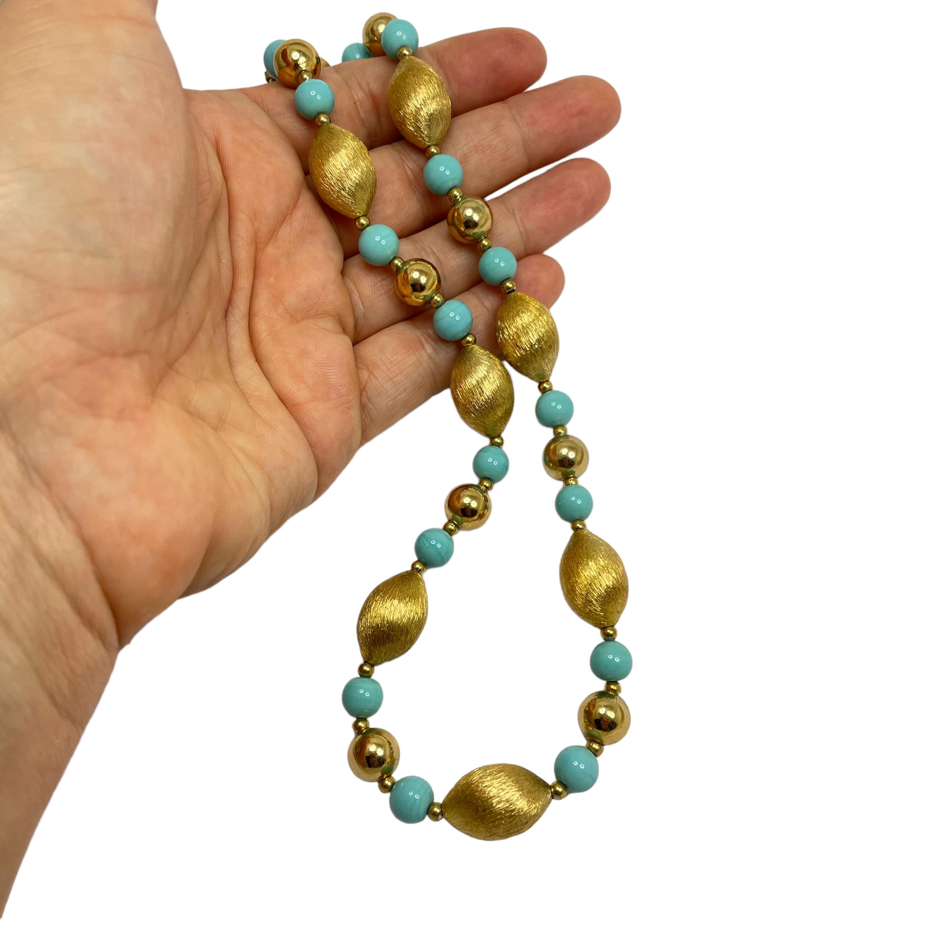 Women's or Men's Vintage gold glass faux turquoise beaded necklace For Sale