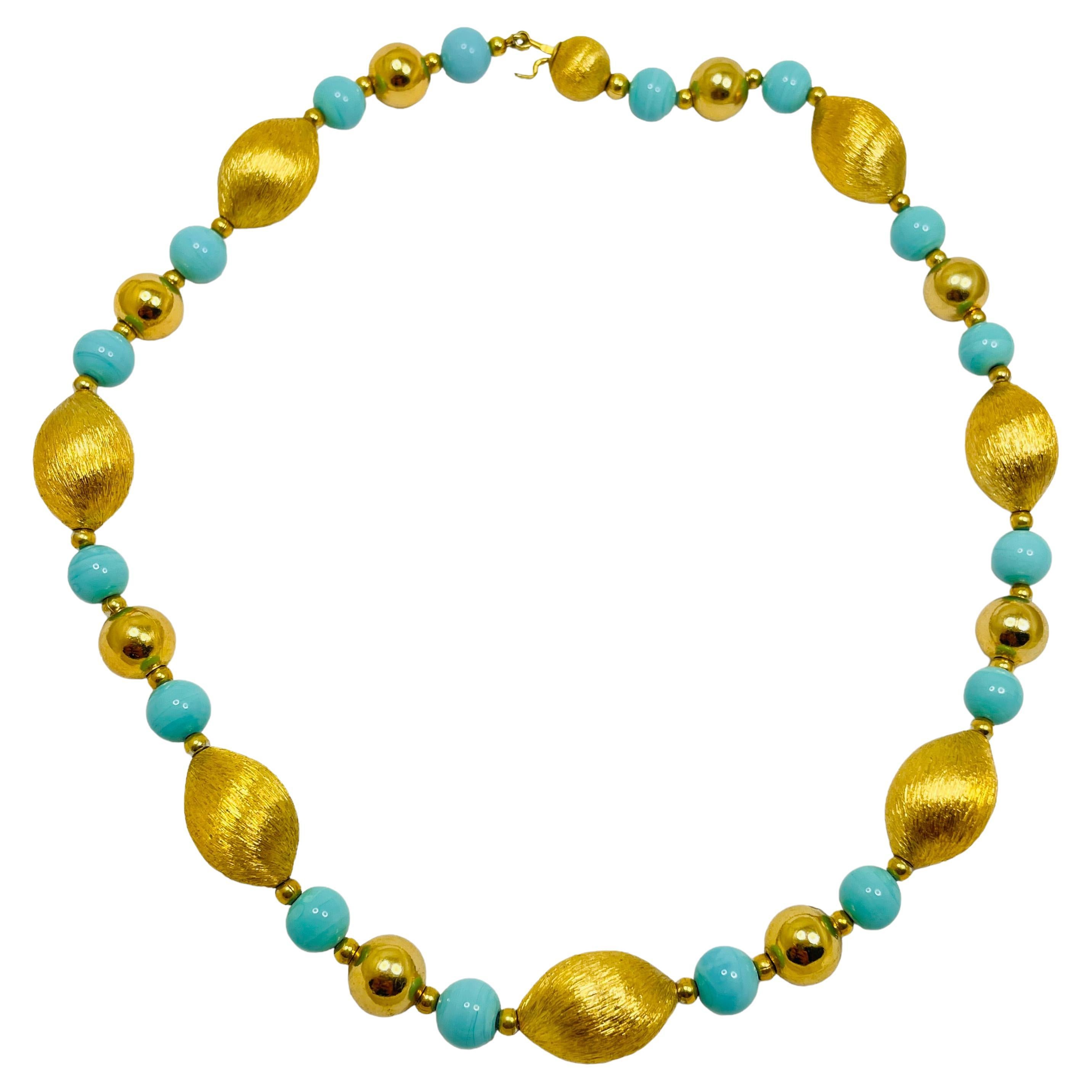 Vintage gold glass faux turquoise beaded necklace For Sale