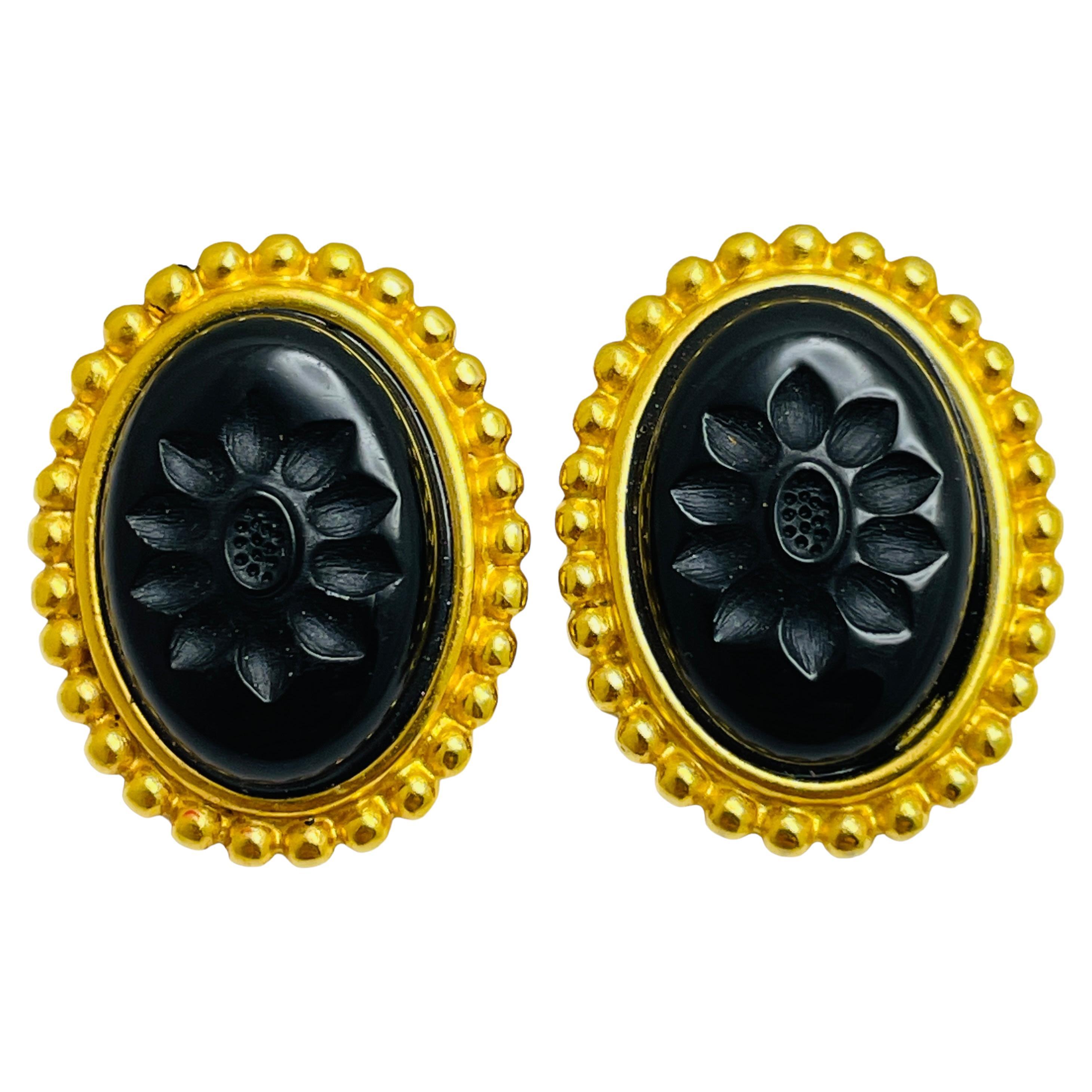 Vintage gold glass flower designer runway clip on earrings