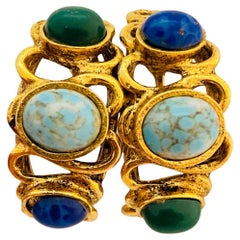Vintage gold glass gemstone Etruscan byzantine hoop clip on earrings