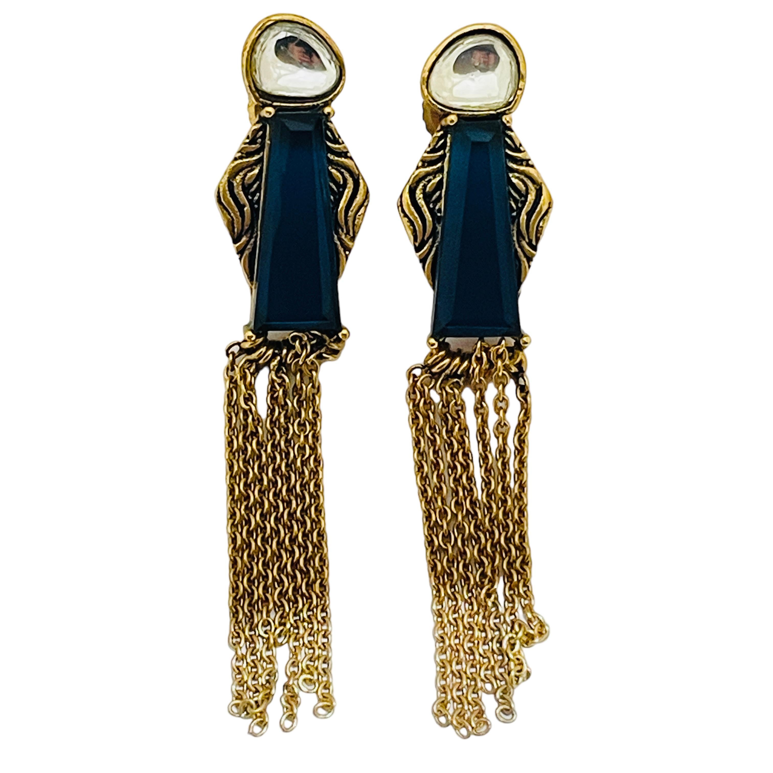 Women's or Men's Vintage gold glass pierced dangle chains 80’s earrings   For Sale