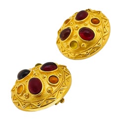 Vintage gold glass stones etruscan byzantine designer runway clip on earrings
