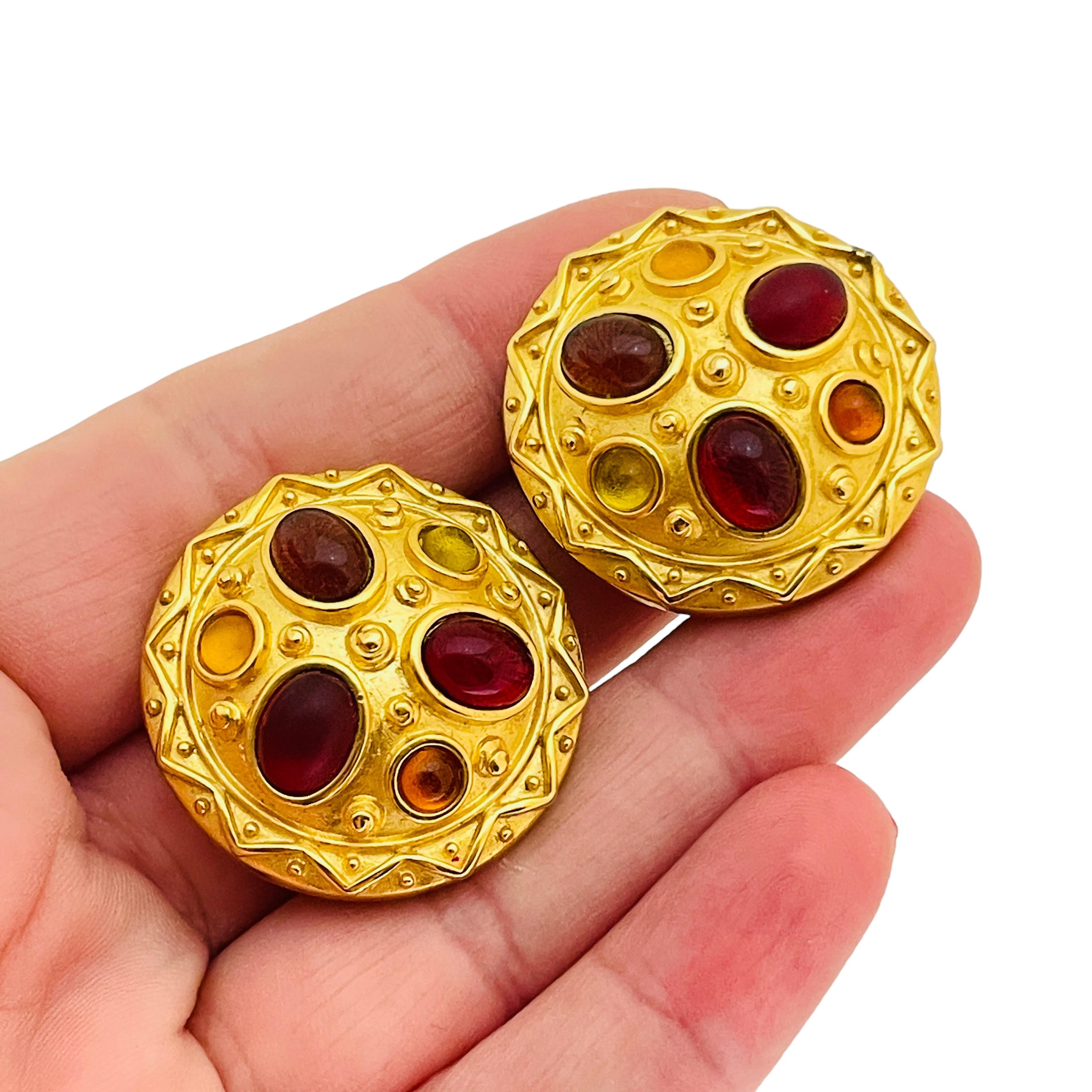 Women's Vintage gold glass stones etruscan byzantine designer runway clip on earrings For Sale