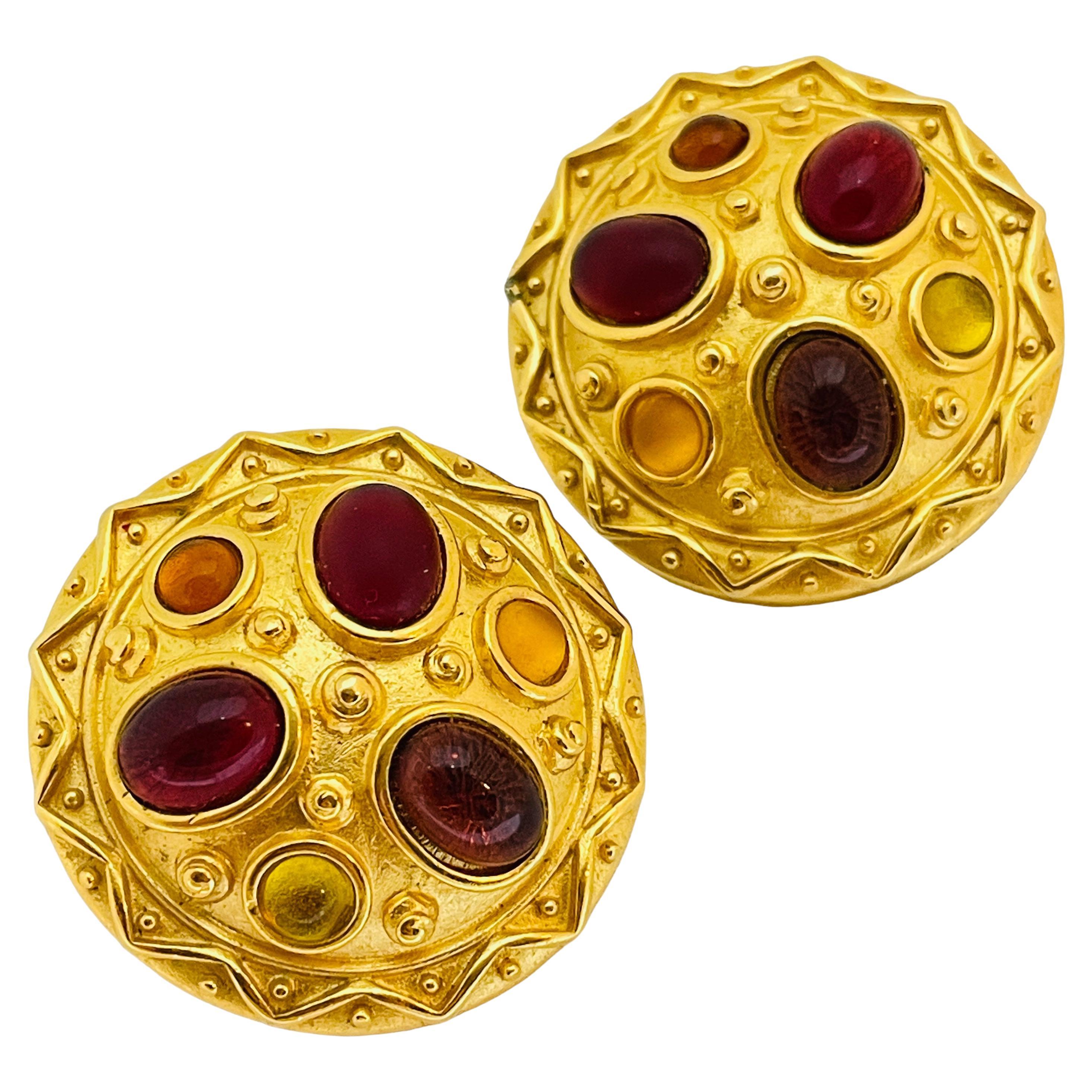 Vintage gold glass stones etruscan byzantine designer runway clip on earrings For Sale