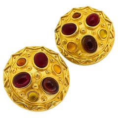 Vintage gold glass stones etruscan byzantine designer runway clip on earrings