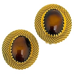 Vintage gold glass tiger eye designer runway clip on earrings