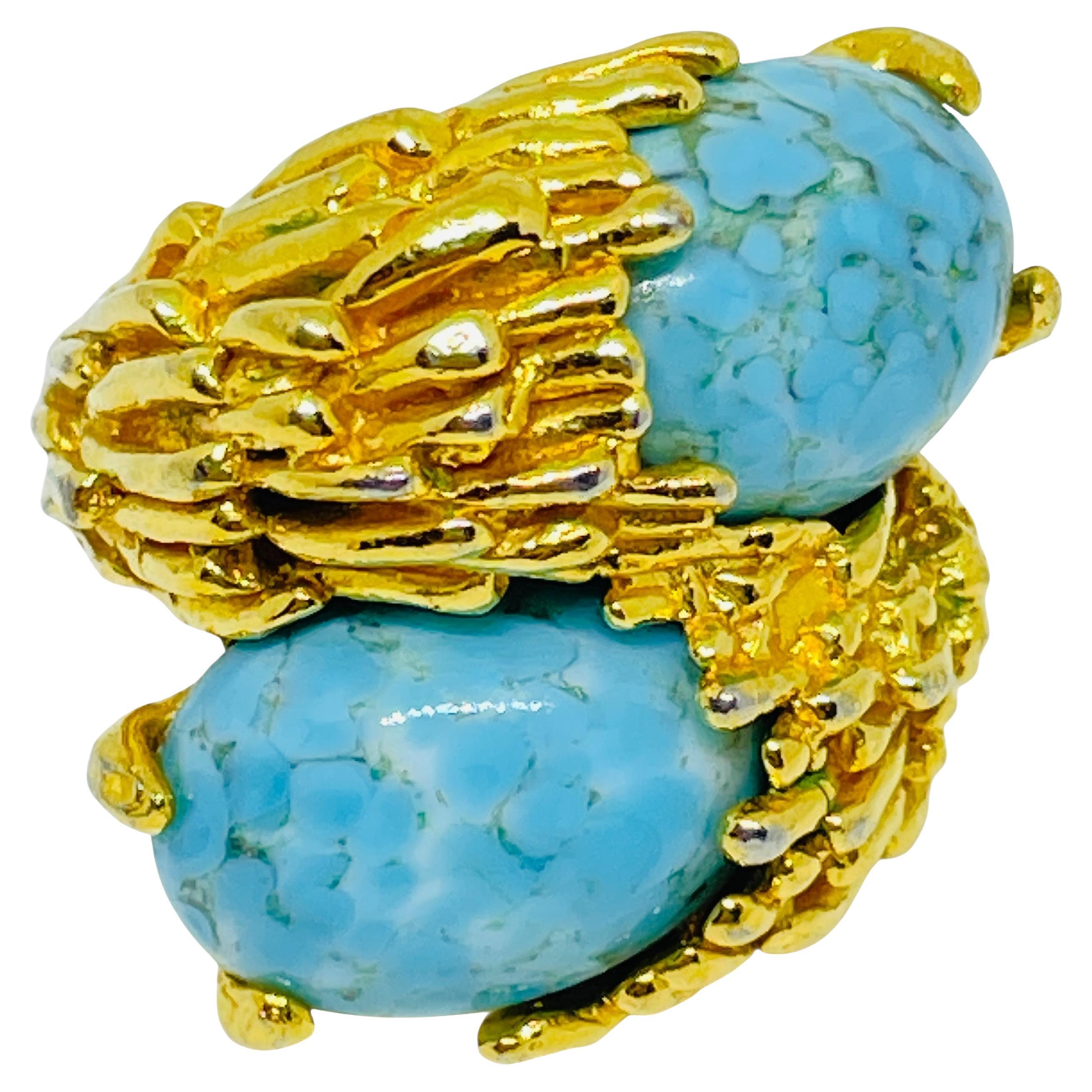 Bague de designer vintage en verre turquoise doré de cocktail en vente