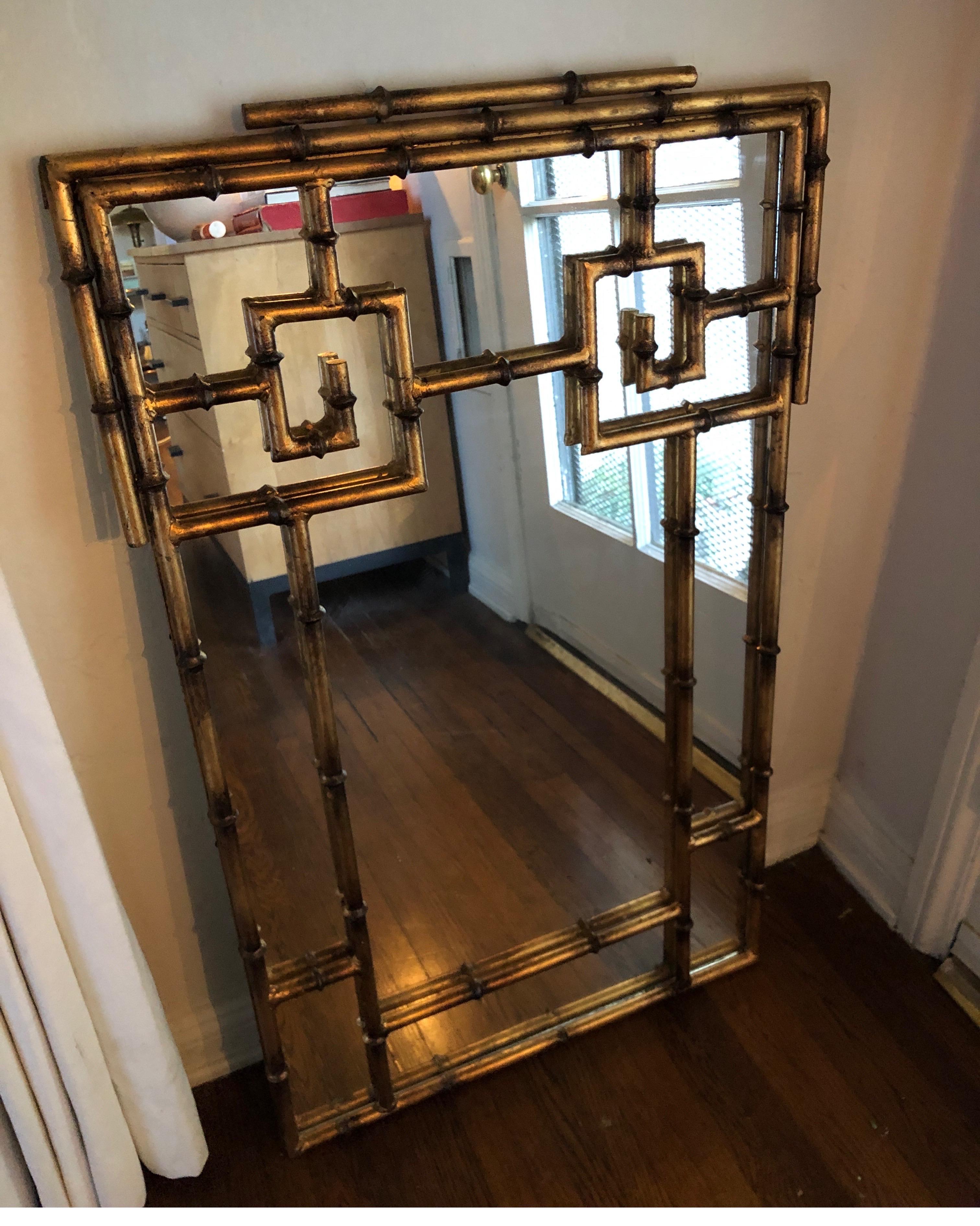 Hollywood Regency Vintage Gold Greek Key Chinese Chippendale Faux Bamboo Mirror