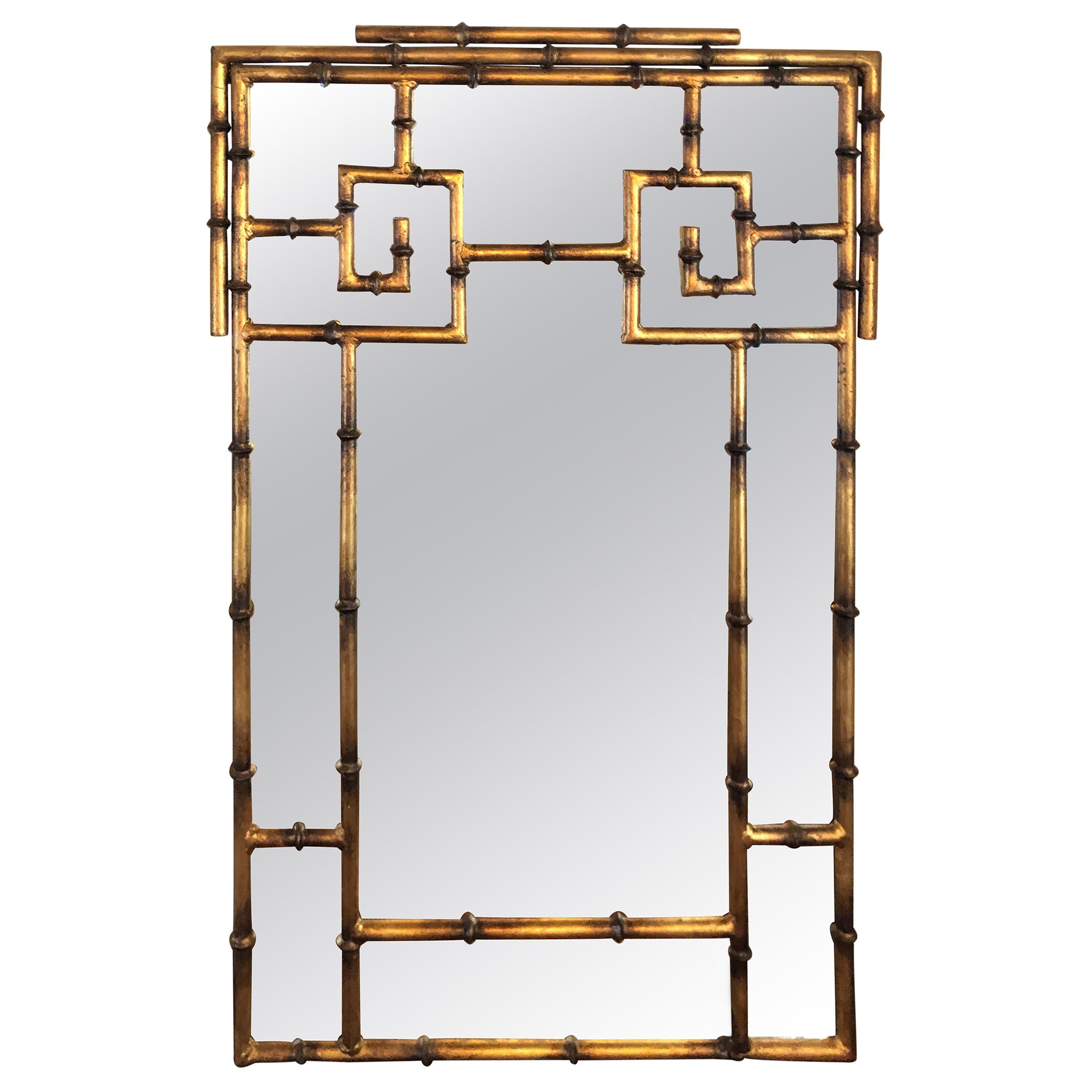 Vintage Gold Greek Key Chinese Chippendale Faux Bamboo Mirror