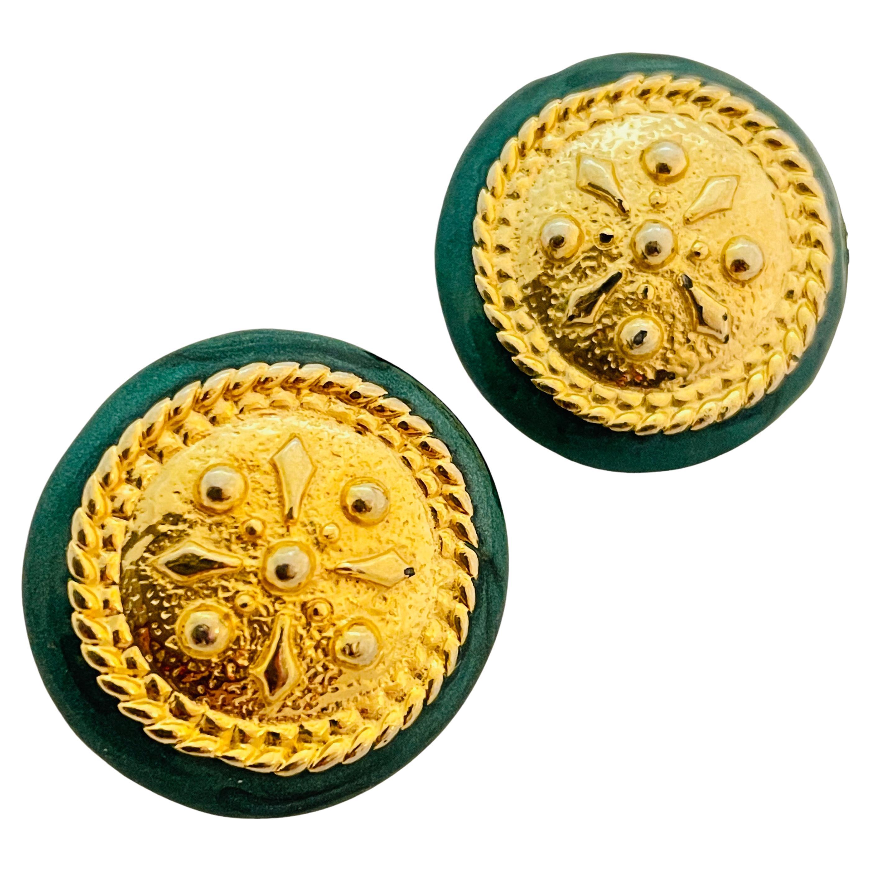 Vintage gold green enamel designer runway clip on earrings For Sale