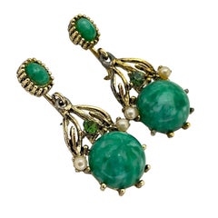 Vintage gold green faux jade drop designer clip on earrings