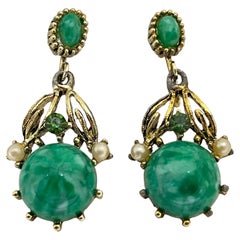 Boucles d'oreilles à clip vintage en faux jade vert doré