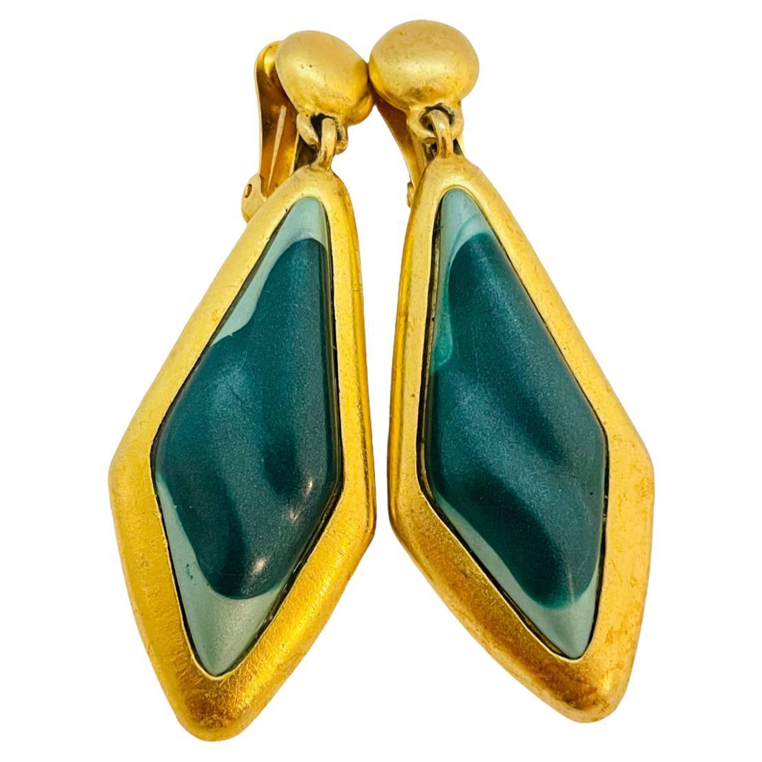 Vintage gold green long dangle earrings For Sale