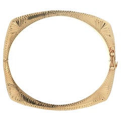 Vintage Gold Hammered Finish & Hand Engraved Square Open Hinged Bangle Bracelet