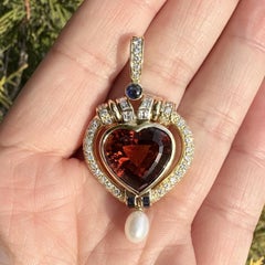 Vintage Gold Heart Madeira Citrine w/ Diamond Sapphire & Pearl Dangle Pendant