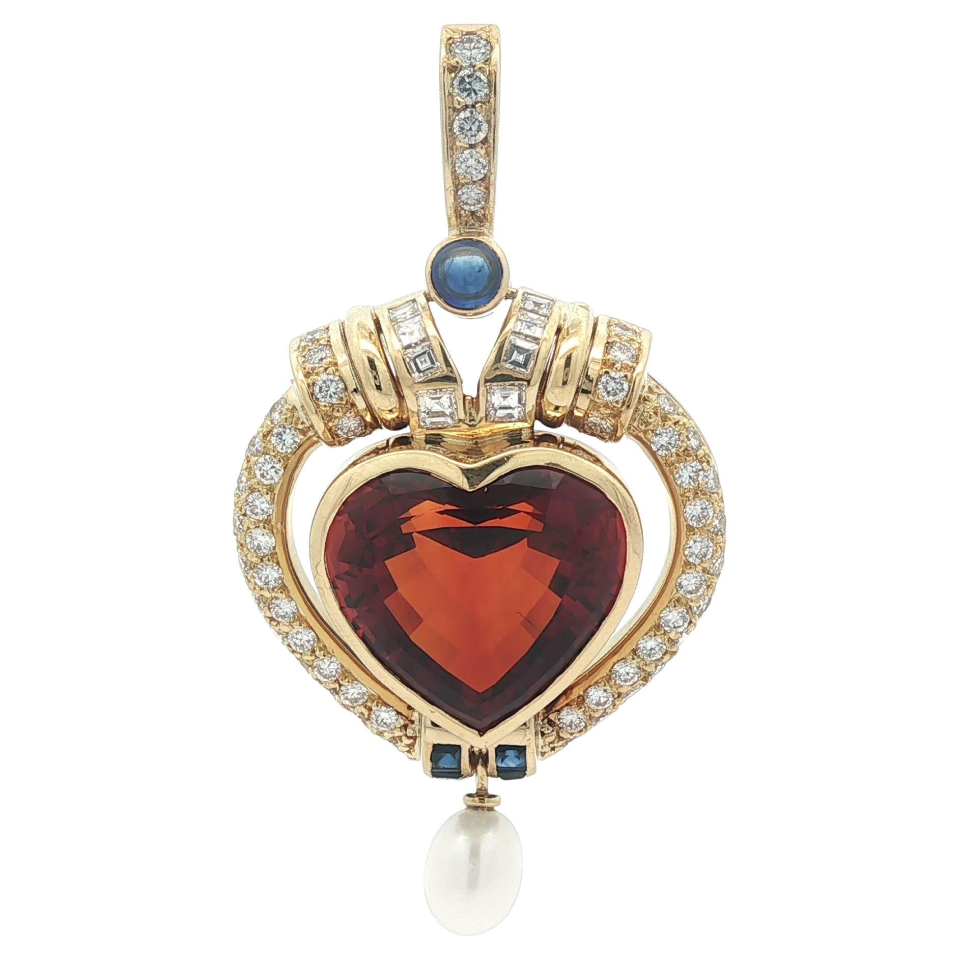 Vintage Gold Heart Madeira Citrine w/ Diamond Sapphire 
Pearl Dangle Pendant For Sale