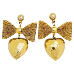 Vintage gold heart mesh bow dangle designer runway pierced earrings