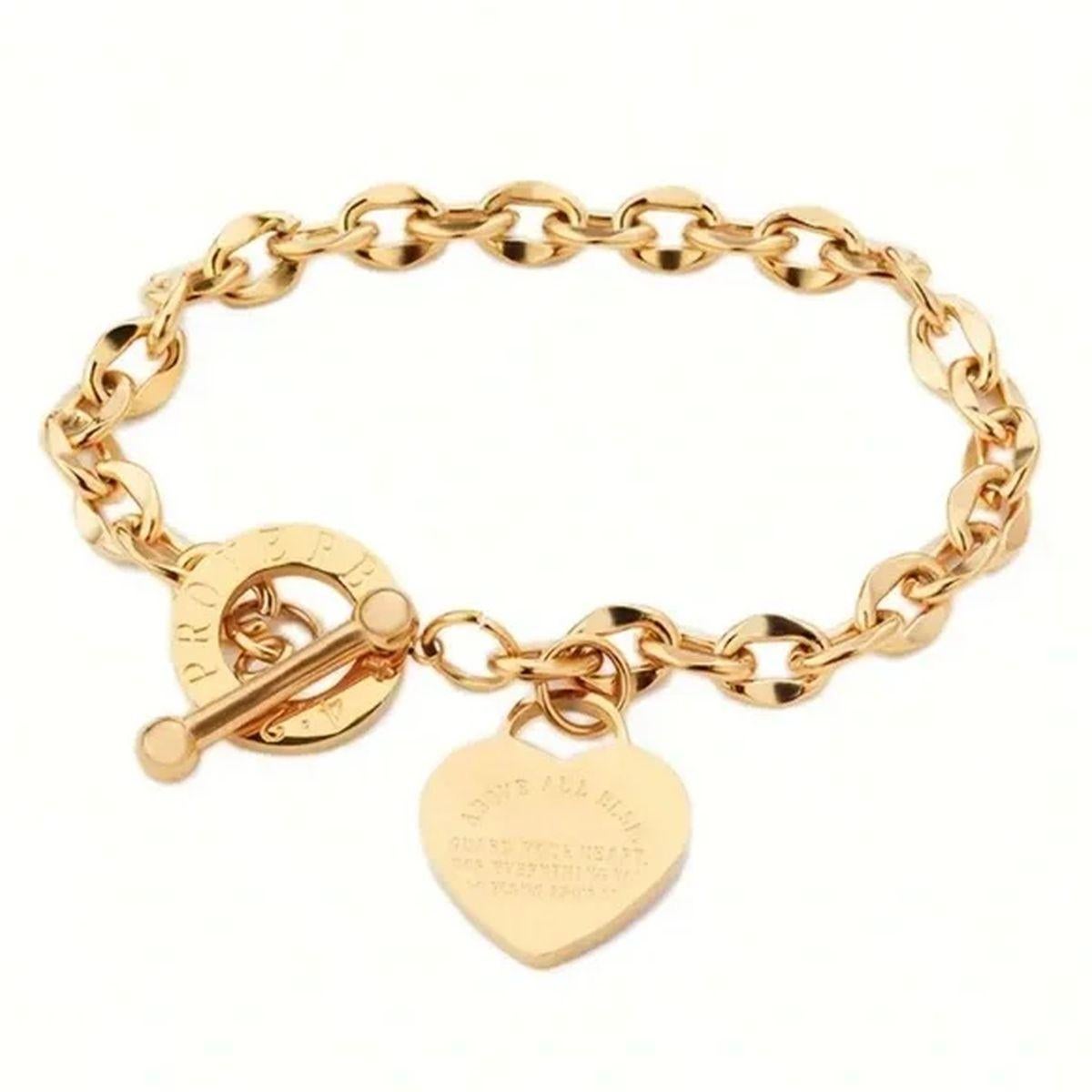 
Simply Beautiful! Vintage Gold Heart Toggle Link Bracelet. Inscribed: Above all else Guard your Heart for Everything you do flows from it! Measuring approx. 6.75” long. New. Never worn. More Beautiful in Real time! Classic and Timeless…Sure to be
