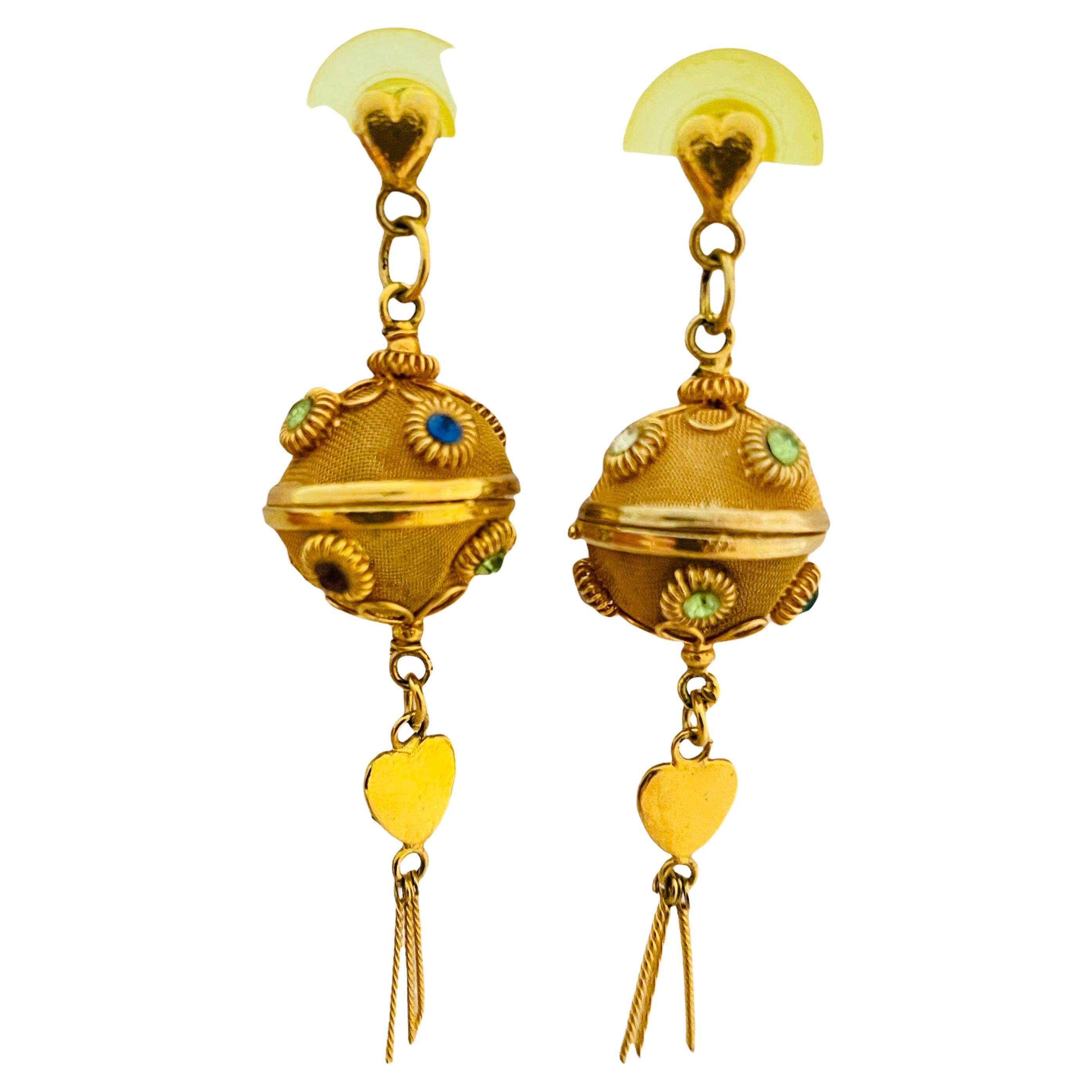 Vintage gold hearts mesh jewel rhinestones dangle designer runway earrings For Sale