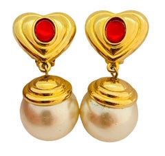 Vintage gold hearts red cabochon dangle pearl clip on earrings
