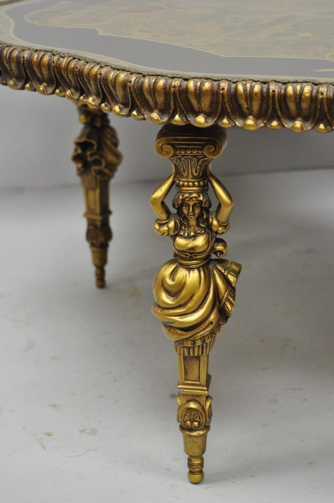 Vintage Gold Hollywood Regency French Style Female Figural Metal Coffee Table In Good Condition In Philadelphia, PA