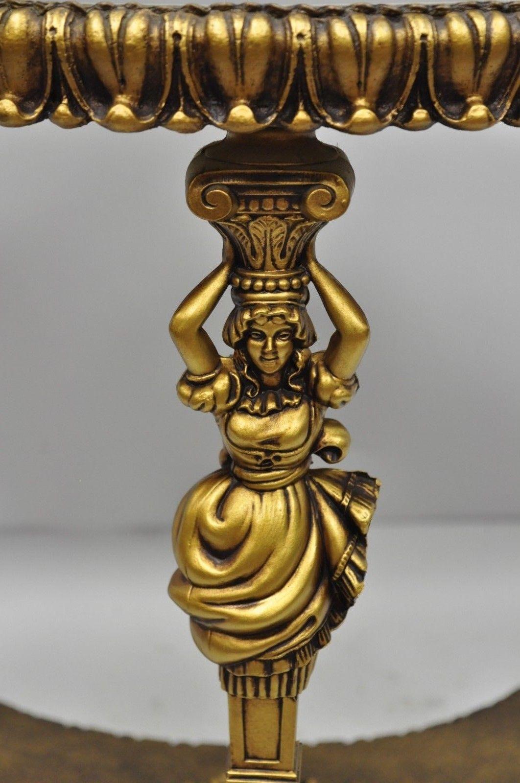 Table d'appoint vintage en métal doré de style Hollywood Regency français avec figure féminine figurative 3