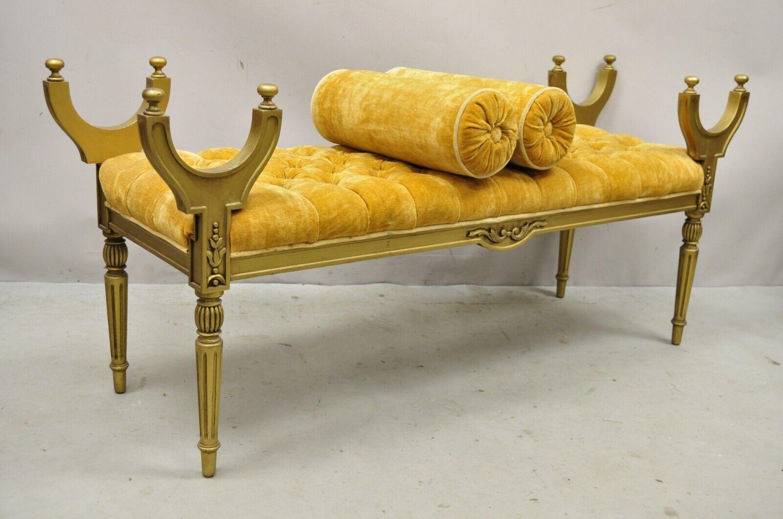 Vintage Gold Hollywood Regency French Style Window Bench with Tufted Upholstery 5