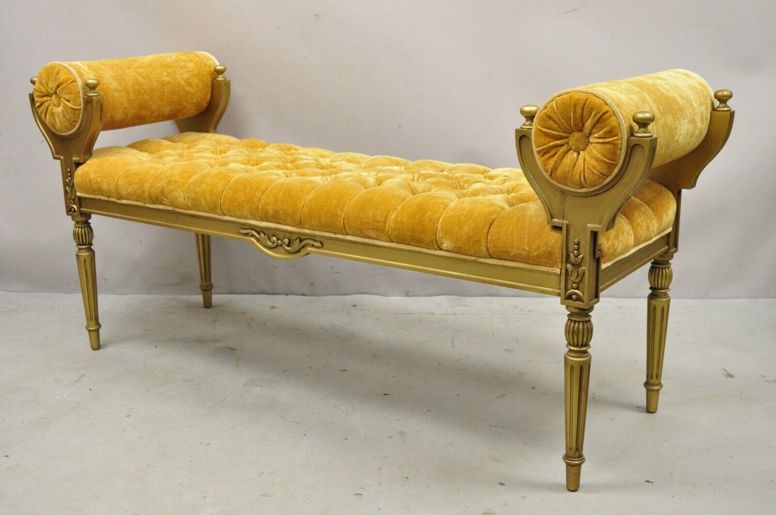 Vintage Gold Hollywood Regency French Style window bench with tufted upholstery. Item features gold vintage tufted upholstery, removable arm bolsters, solid wood frame, tapered legs, very nice vintage item, great style and form. circa Mid-20th
