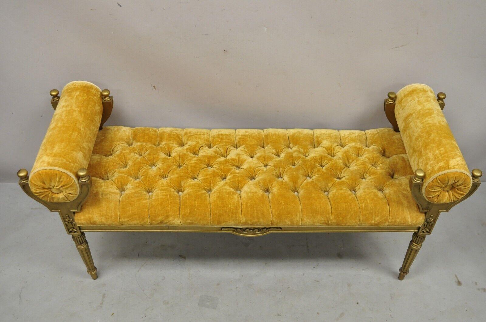 20th Century Vintage Gold Hollywood Regency French Style Window Bench with Tufted Upholstery