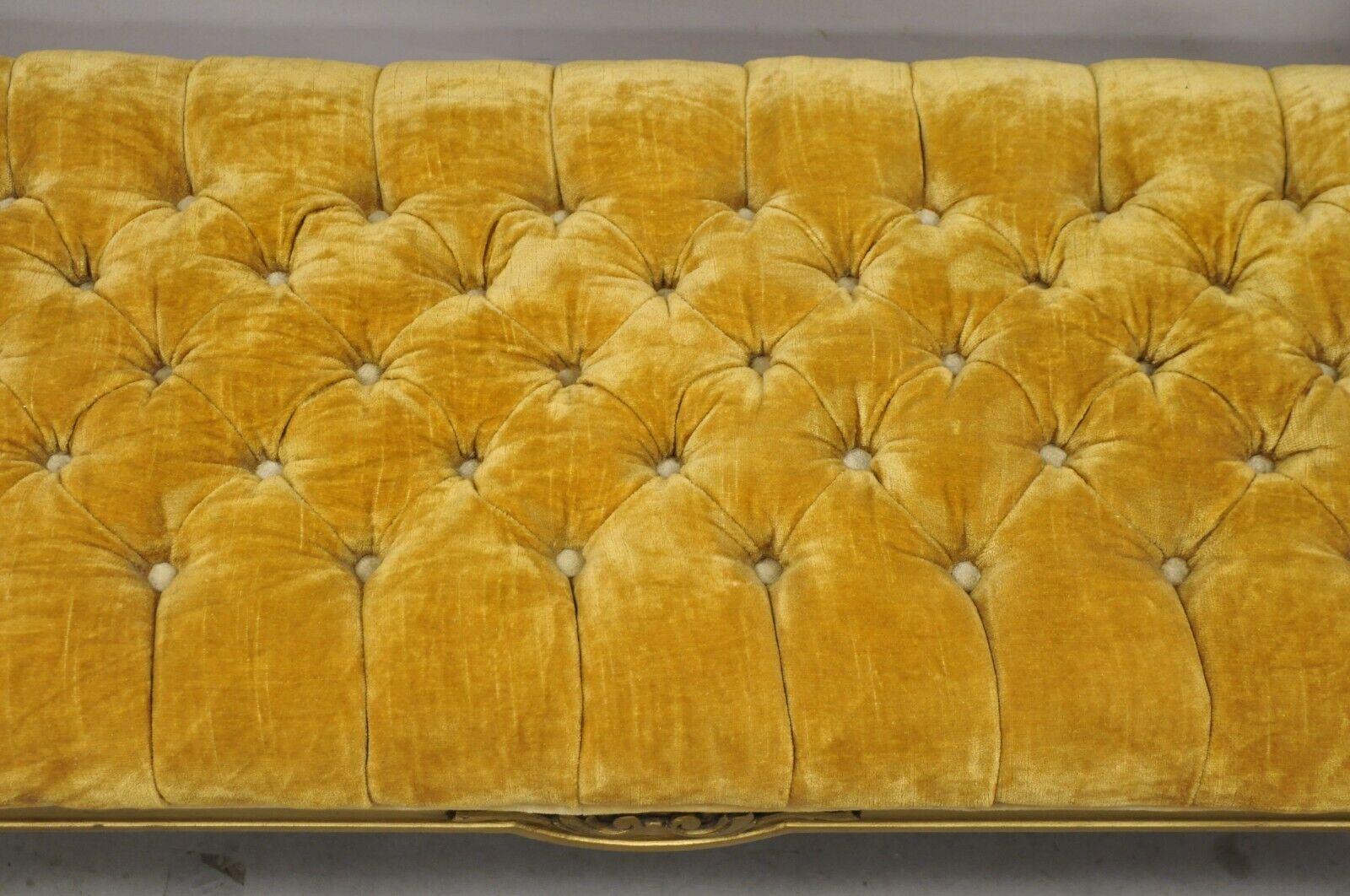 Fabric Vintage Gold Hollywood Regency French Style Window Bench with Tufted Upholstery