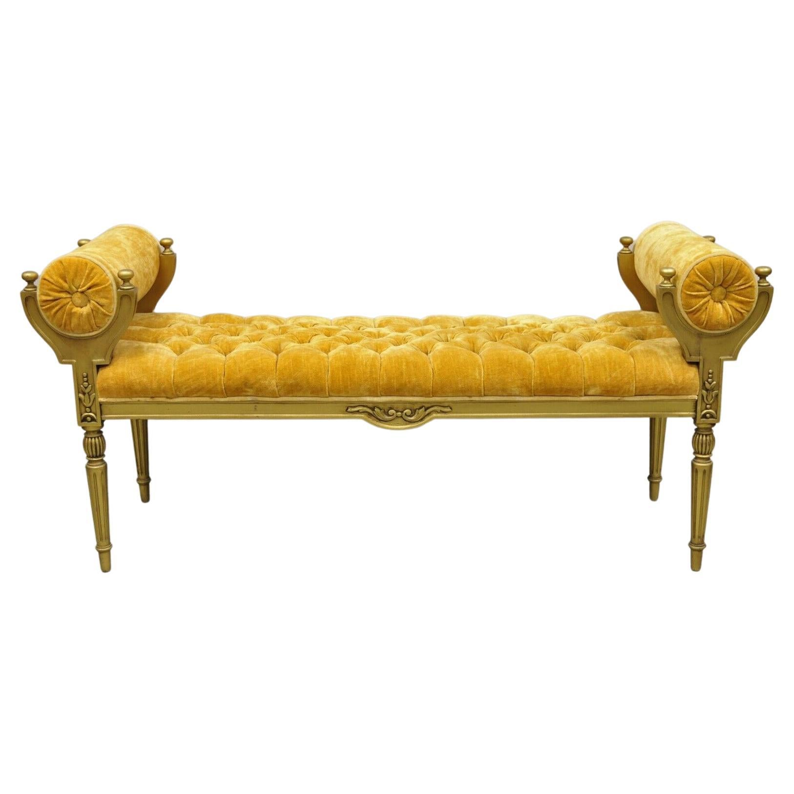 Vintage Gold Hollywood Regency French Style Window Bench with Tufted Upholstery