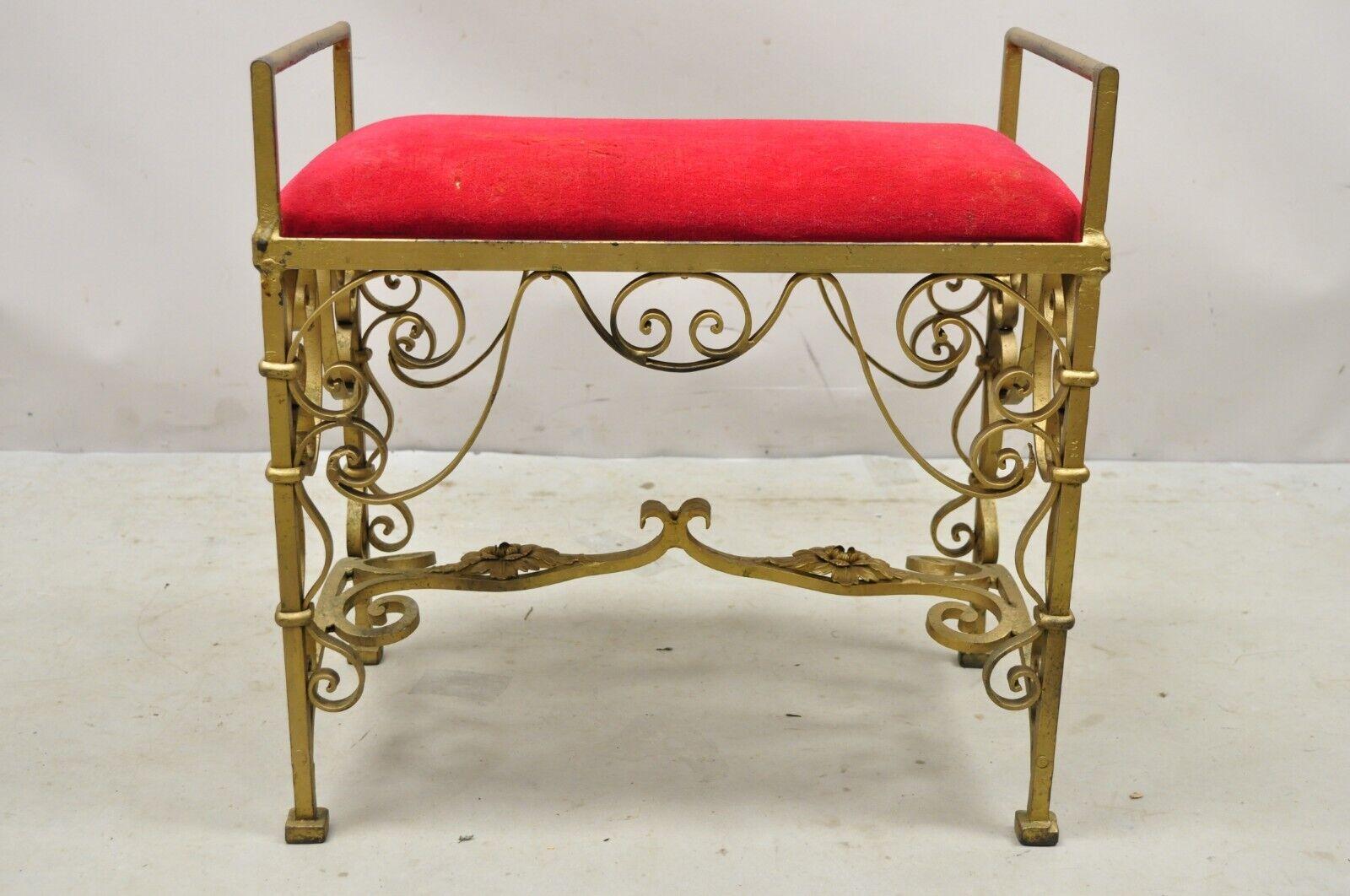 Vintage Gold Hollywood Regency Gothic Iron Scrolling Vanity Bench Seat Stool For Sale 6