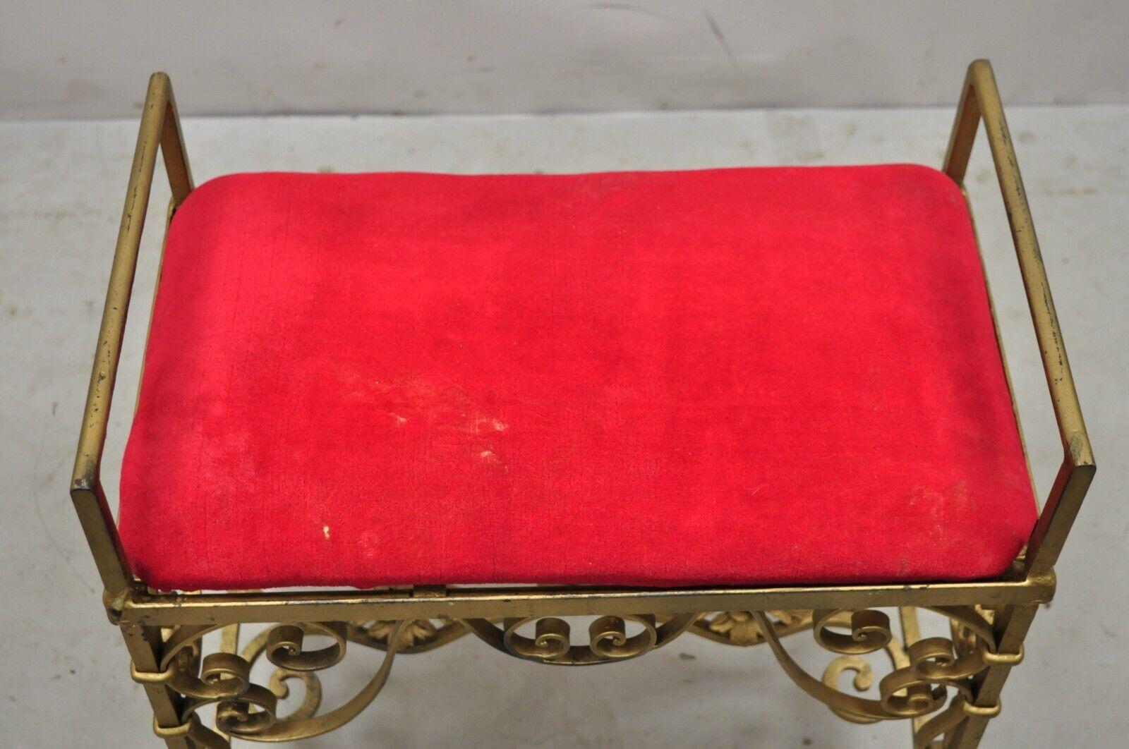 20th Century Vintage Gold Hollywood Regency Gothic Iron Scrolling Vanity Bench Seat Stool