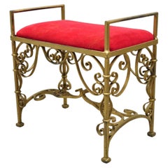 Vintage Gold Hollywood Regency Gothic Iron Scrolling Vanity Bench Seat Stool