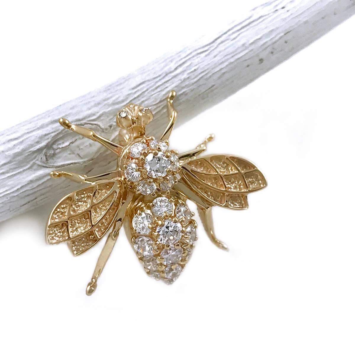 Vintage 14k Yellow Gold Honey Bee Brooch/Pin with Cubic Zirconia Eyes and Body. A super sweet little bug that will add sparkle to any outfit. Lovely details in the wings with round Cubic Zirconia stones in the eyes and body, stones are three prong
