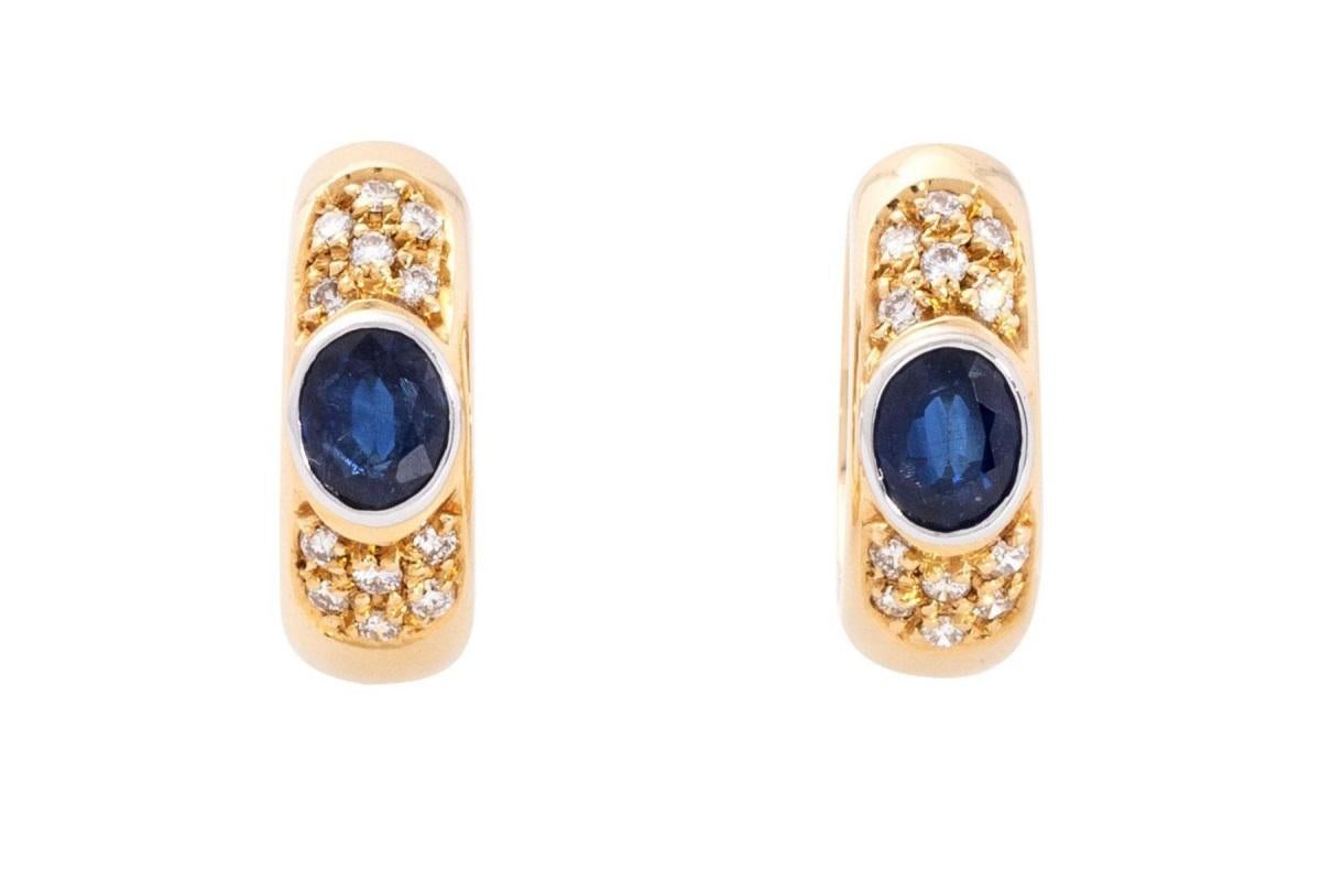 Vintage gold hoop earrings with sapphires and diamonds. In Good Condition For Sale In Chorzów, PL