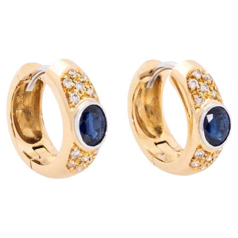 Vintage gold hoop earrings with sapphires and diamonds. For Sale