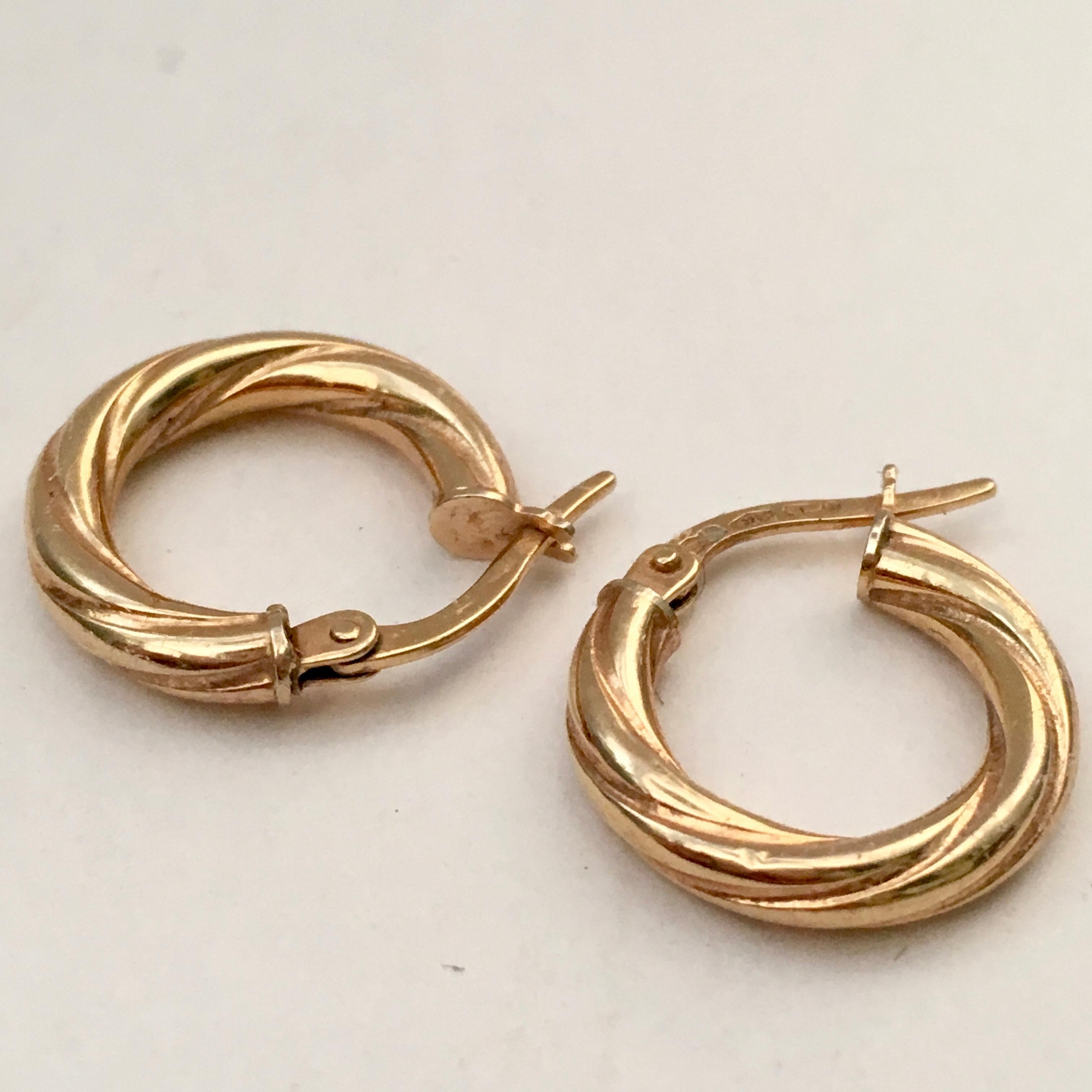Contemporary Vintage Gold Hoops Small Twisted Braided Hoop Earrings Yellow Gold For Sale