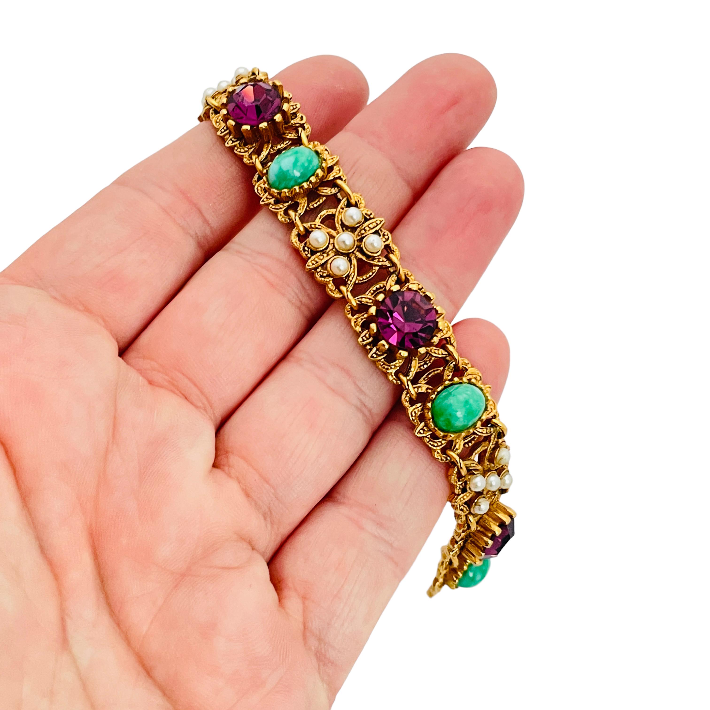 Women's or Men's Vintage gold jade amethyst pearl glass stones bracelet