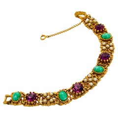 Vintage gold jade amethyst pearl glass stones bracelet