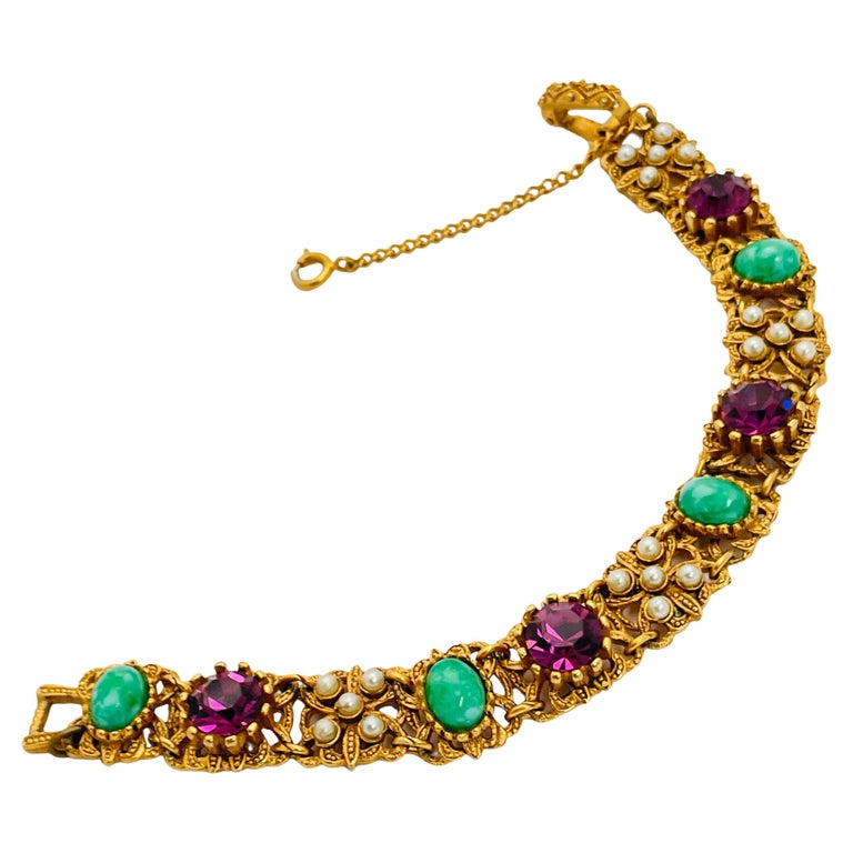 Vintage gold jade amethyst pearl glass stones bracelet For Sale at 1stDibs