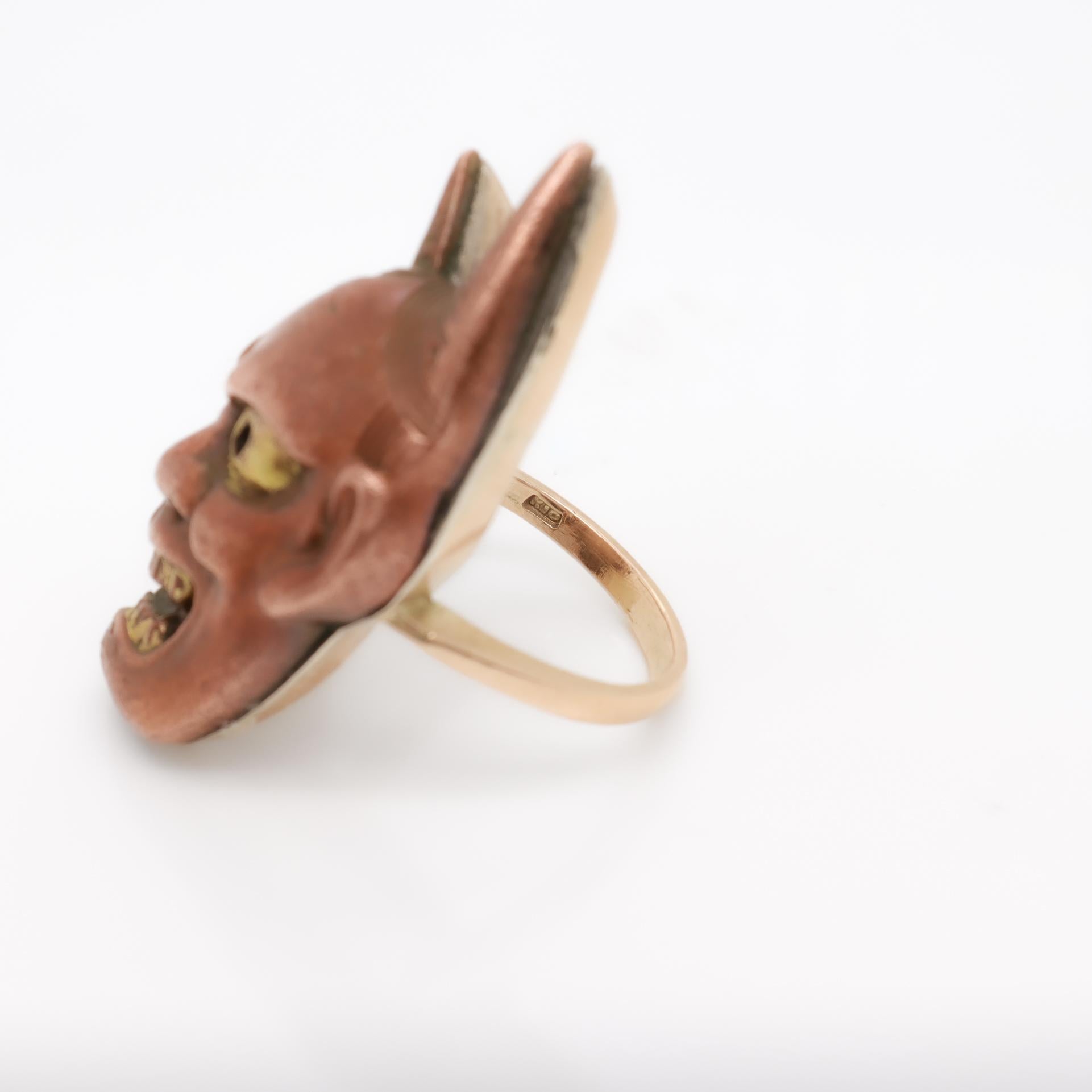 Anillo de cóctel vintage de oro y japonés Shakudo Hannya 'Diablo' o máscara de demonio 9