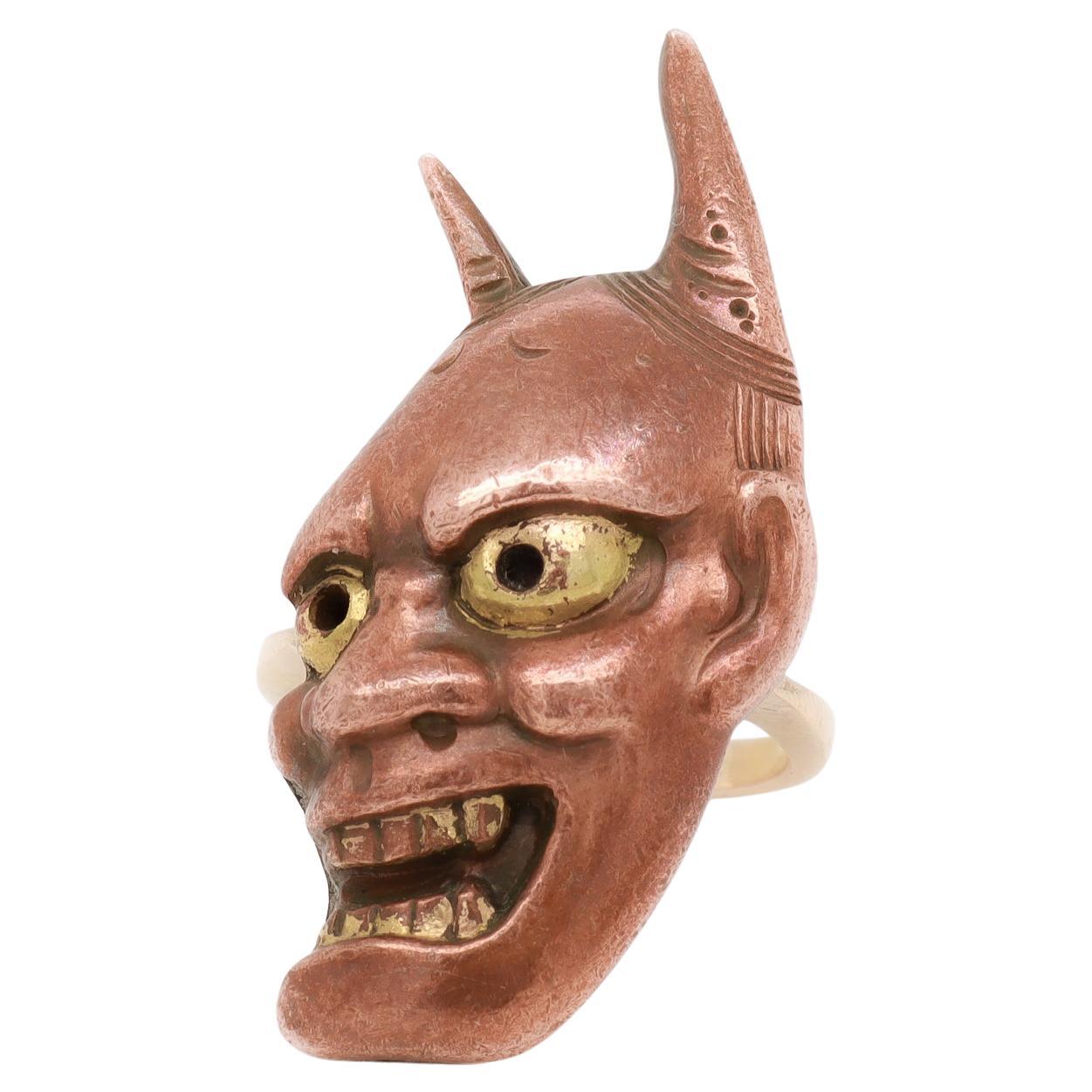 Vintage Gold & Japanese Shakudo Hannya 'Devil' or Demon's Mask Cocktail Ring