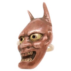 Bague cocktail vintage en or et masque de démon ou de démon japonais Shakudo Hannya