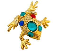 Vintage gold jewel cabochon rhinestone frog designer runway brooch