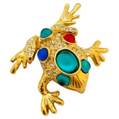 Vintage gold jewel cabochon rhinestone frog designer runway brooch