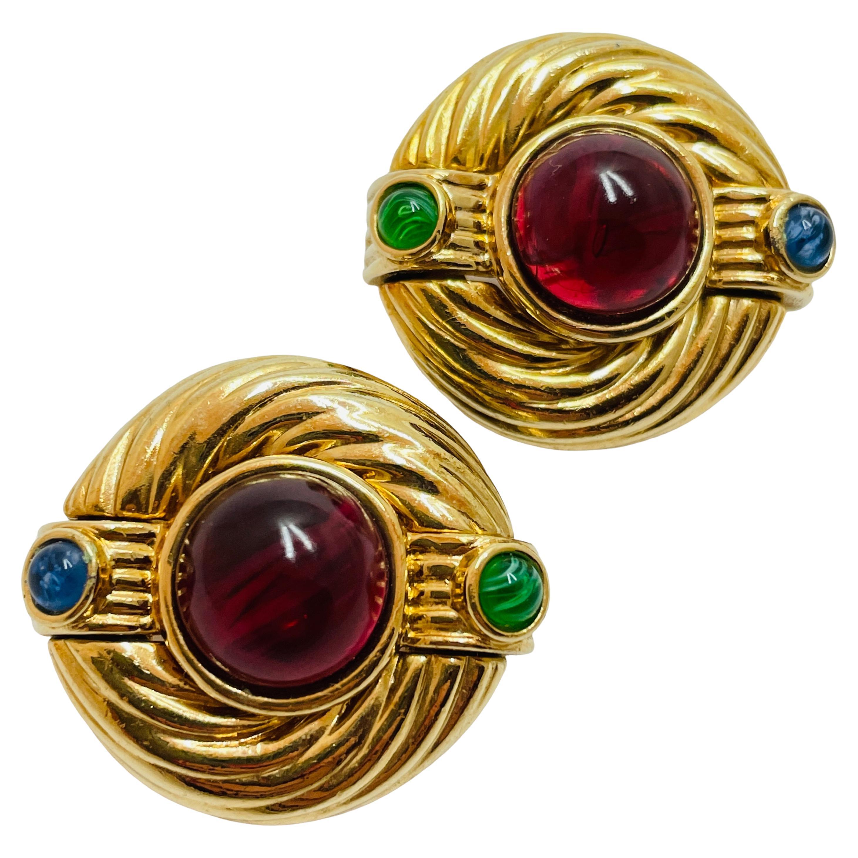 Vintage gold jewel clip on designer runway earrings For Sale