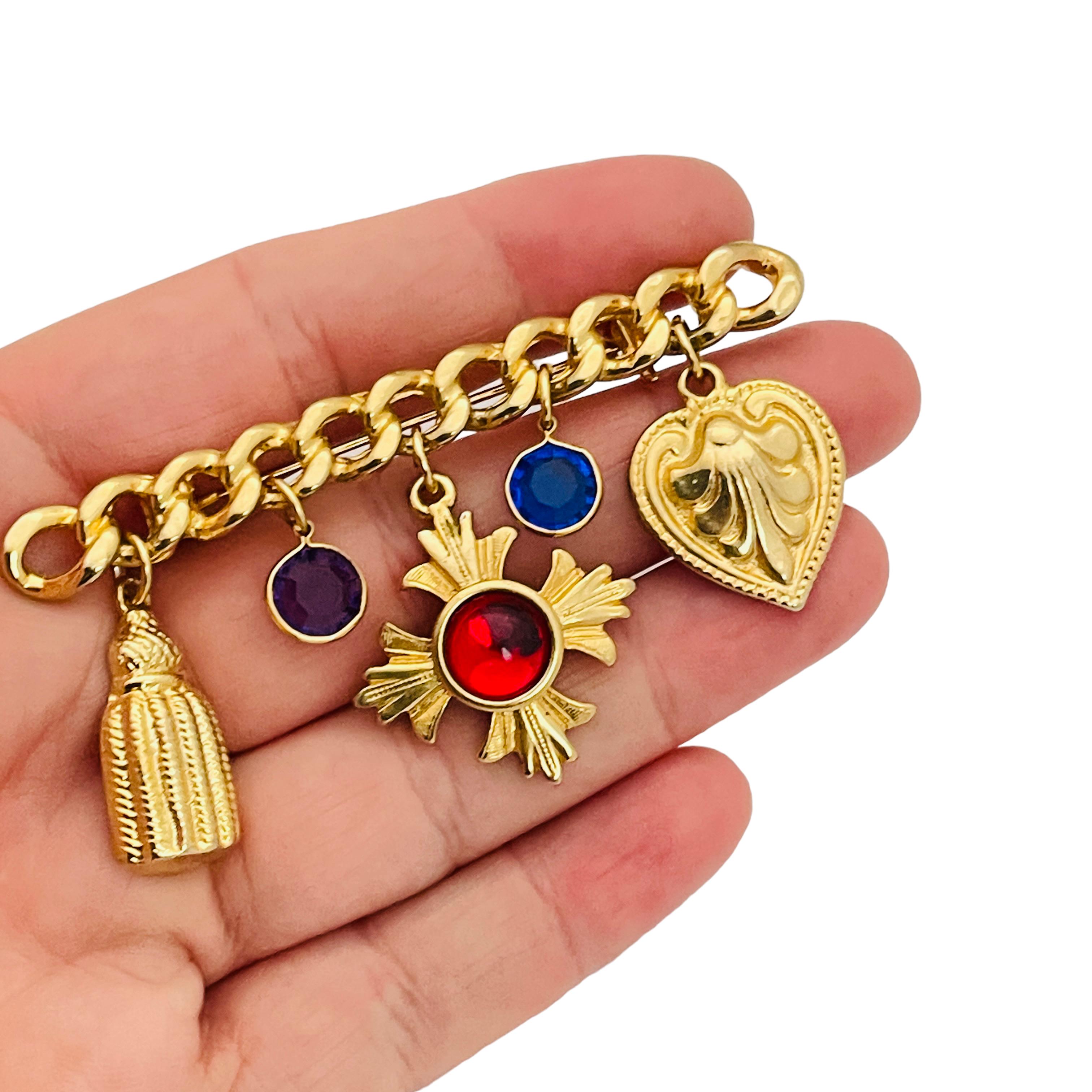 Women's or Men's Vintage gold jewel cross charm chain designer runway brooch For Sale